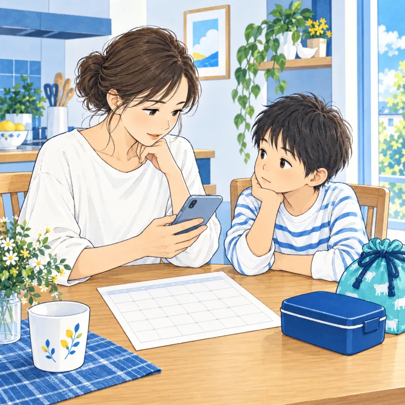 保護者が学校の予定表とスマートフォンを見比べて変更を確認する創作イラスト
