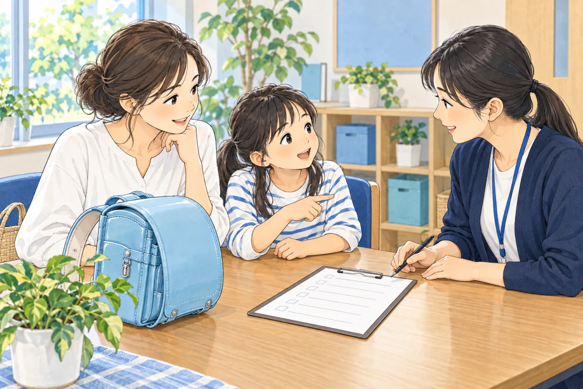 初めてのお迎えについて親子とスタッフが相談する説明用の創作場面