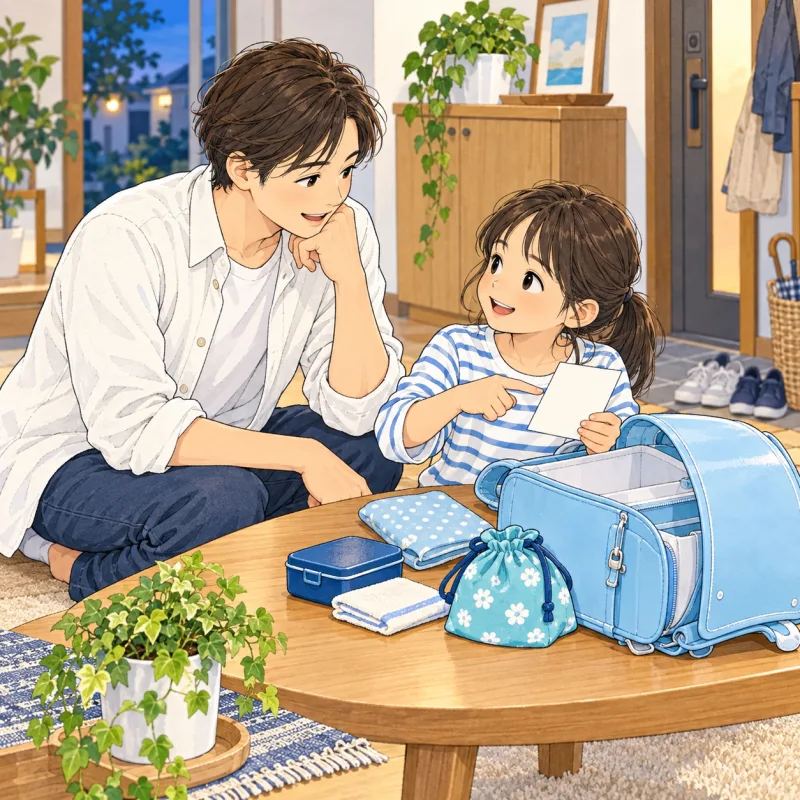 親子がランドセルと準備用のメモを一緒に確認する創作イラスト