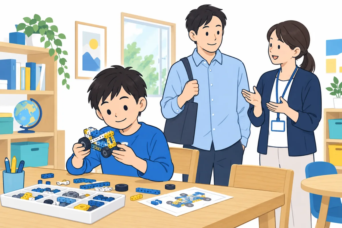 子どもが活動に興味を持つ様子を見ながら、保護者とスタッフが話す説明用イメージ