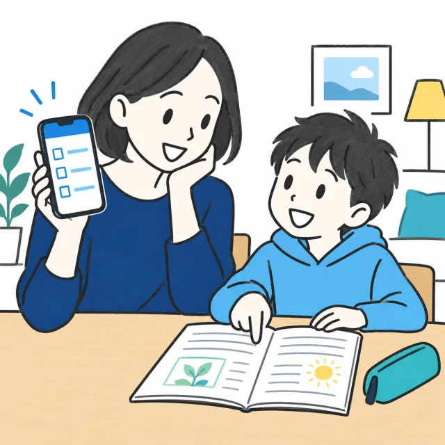 保護者がスマートフォンで連絡を確かめながら、子どもと宿題ノートを見るイメージ