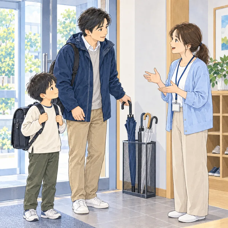 雨具をまとめた保護者が、施設で子どもと一緒に引き渡しの説明を聞く創作場面