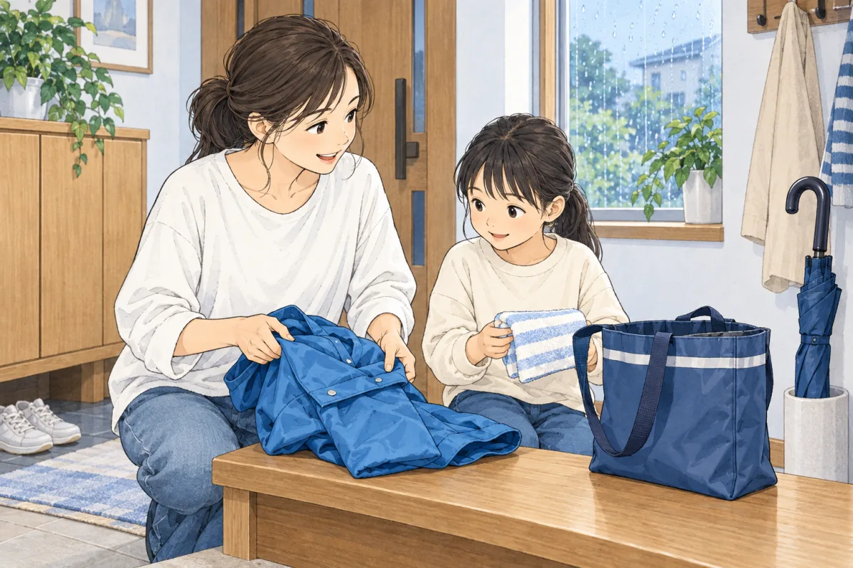 雨の日に備え、親子で雨具と荷物を玄関で確かめるイメージ