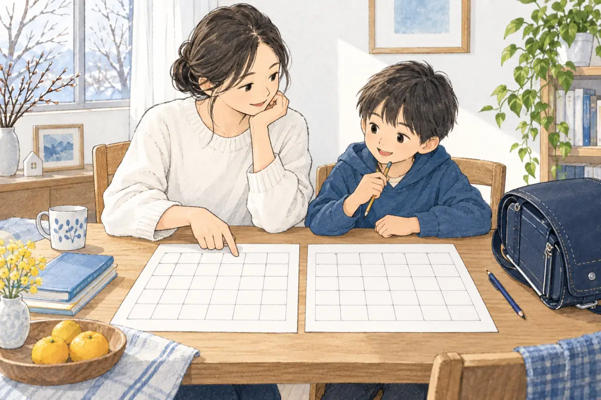 二つの予定表を見ながら、休みの前後を親子で確かめるイメージ