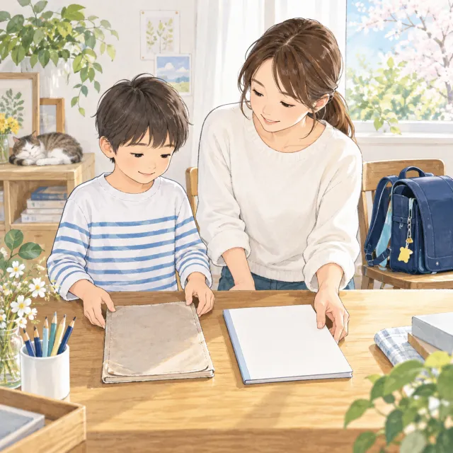 新しい学年の準備をしながら、持ち物を親子で見直すイメージ