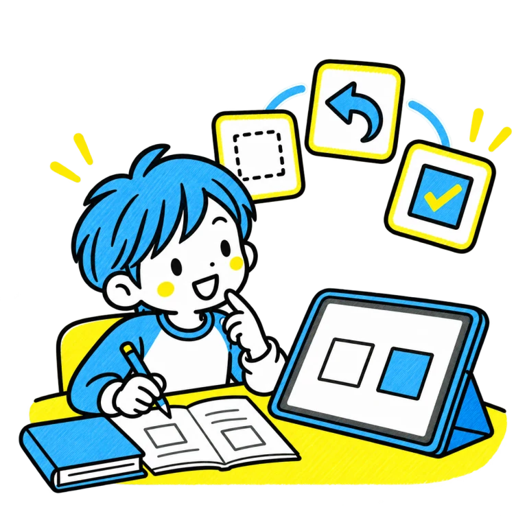 分からないところを振り返り、ノートと端末で学び直す子ども