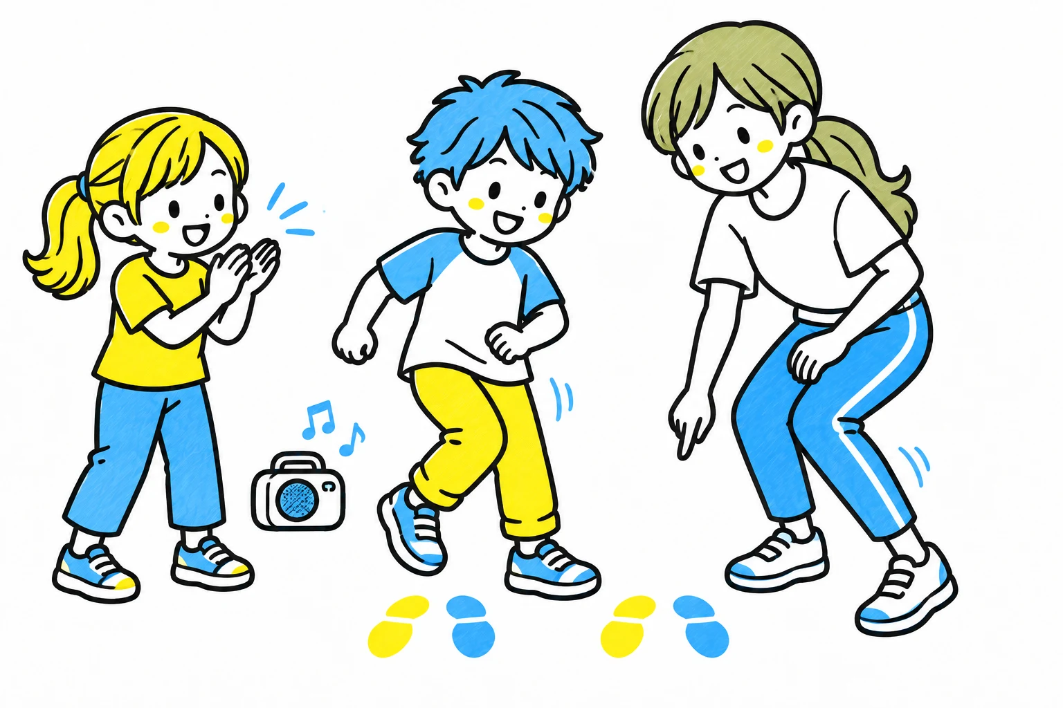 足の置き方を先生と確かめ、友だちの手拍子に合わせて練習する子ども