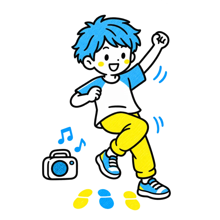 音楽を聞き、ステップと手の動きを組み合わせるダンスのイメージ