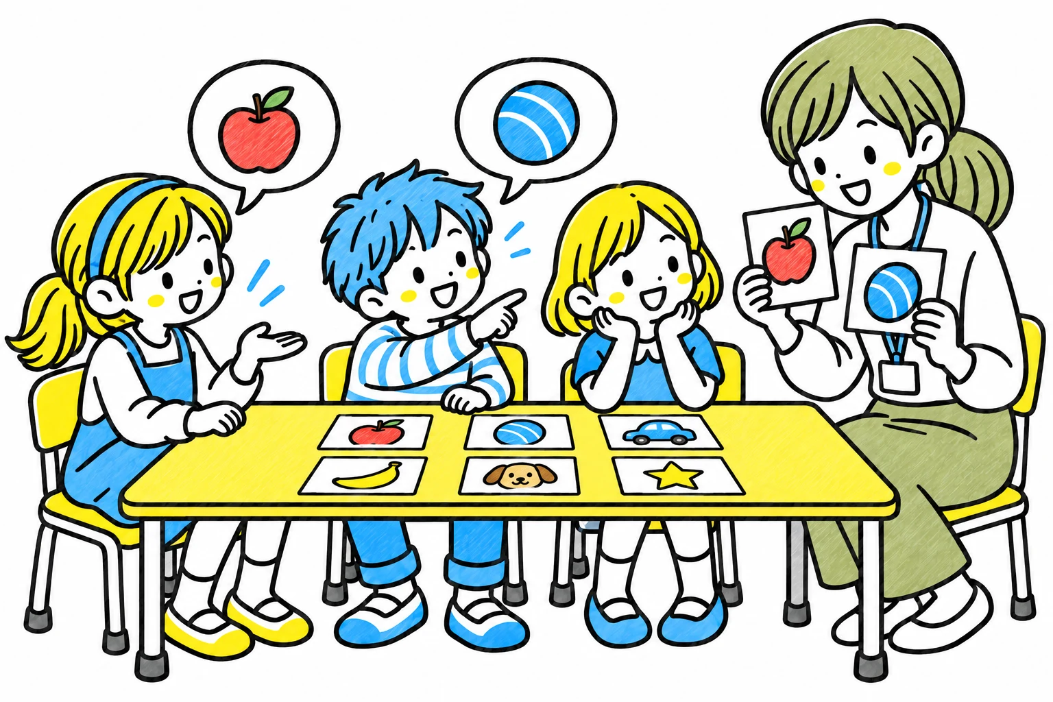 絵カードのゲームで質問し、友だちの答えを聞くグループ英会話の様子