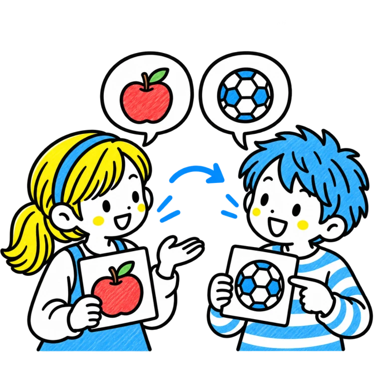 好きなことの絵カードを持ち、順番に会話する子どもたち