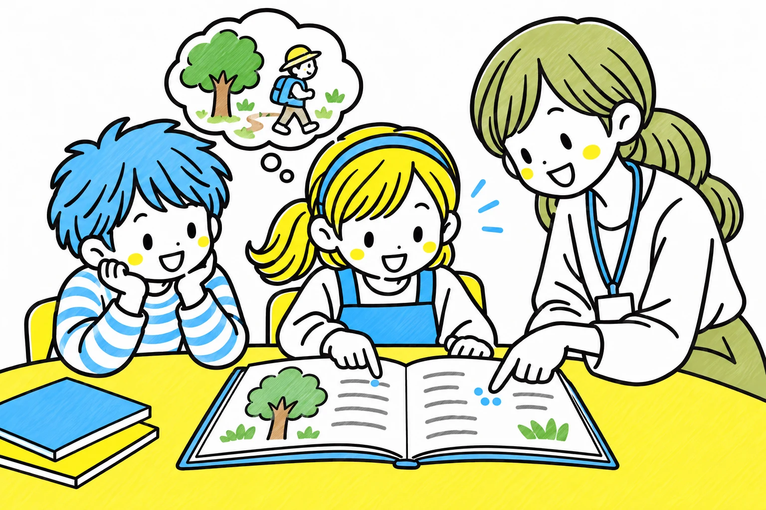 文章を指で追い、場面を想像しながら先生と読み方を確かめる様子