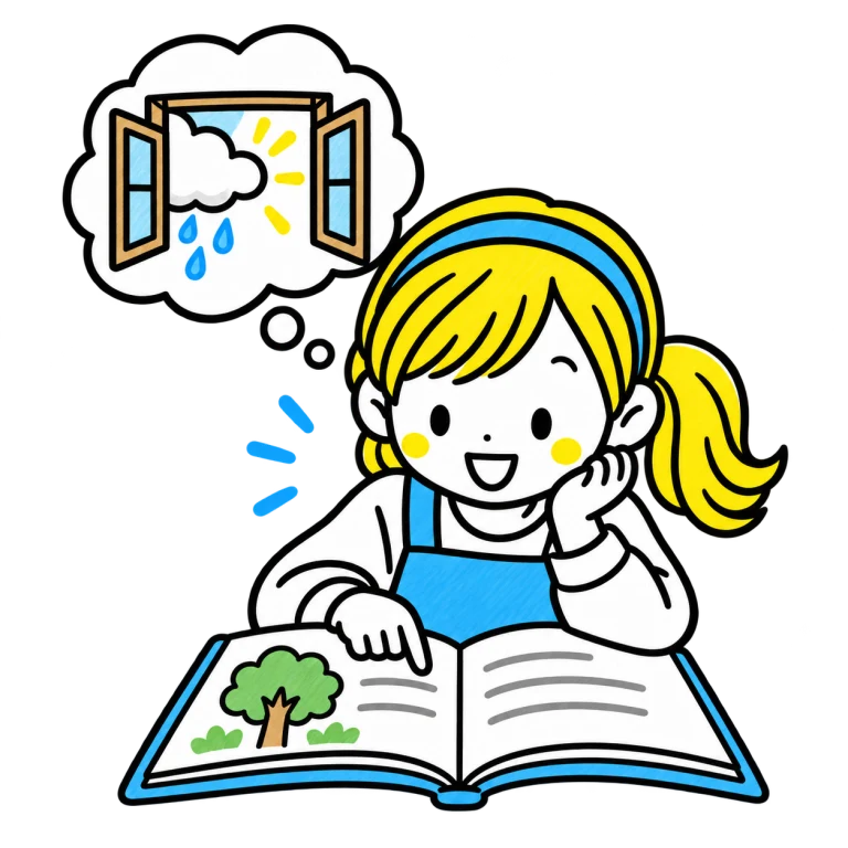 本の言葉を指で追い、雨上がりの場面を思い浮かべて読む子ども