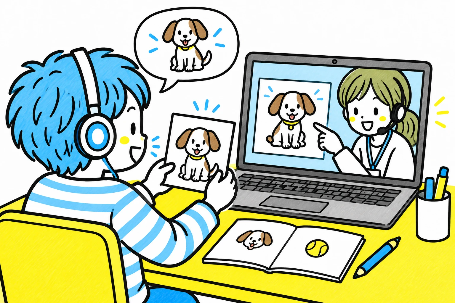 講師の絵を手がかりに、カードを見せて英語で答えるオンラインレッスン