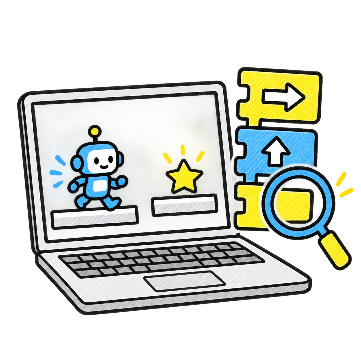 星を集めるゲームと、動きを組み立てる命令のイメージ