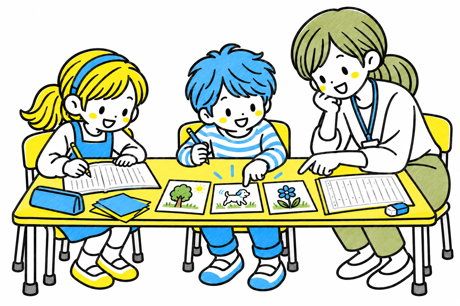 出来事のカードを並べ、文章の順序を先生と確認して書く様子