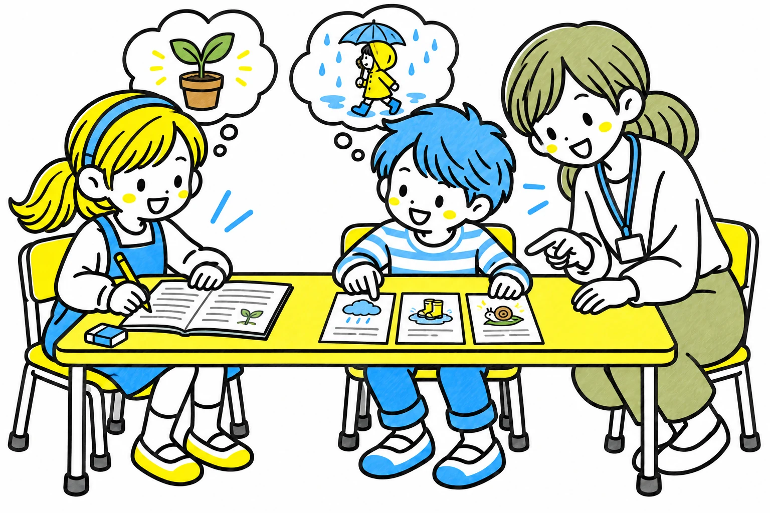 経験を思い出し、カードで考えを整理して作文を書く子どもたちと先生