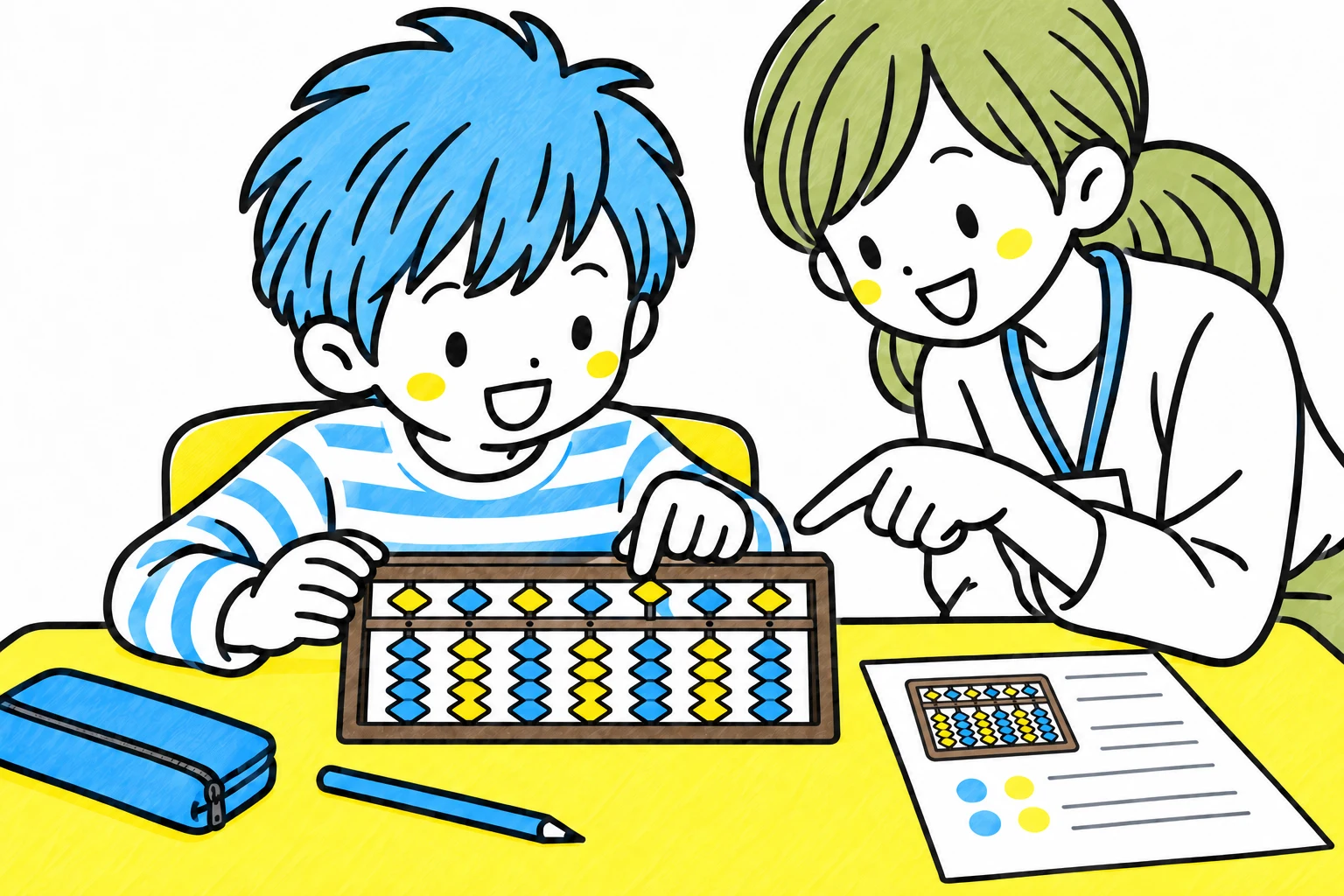そろばんを手で支え、珠の位置を先生と確認する子ども