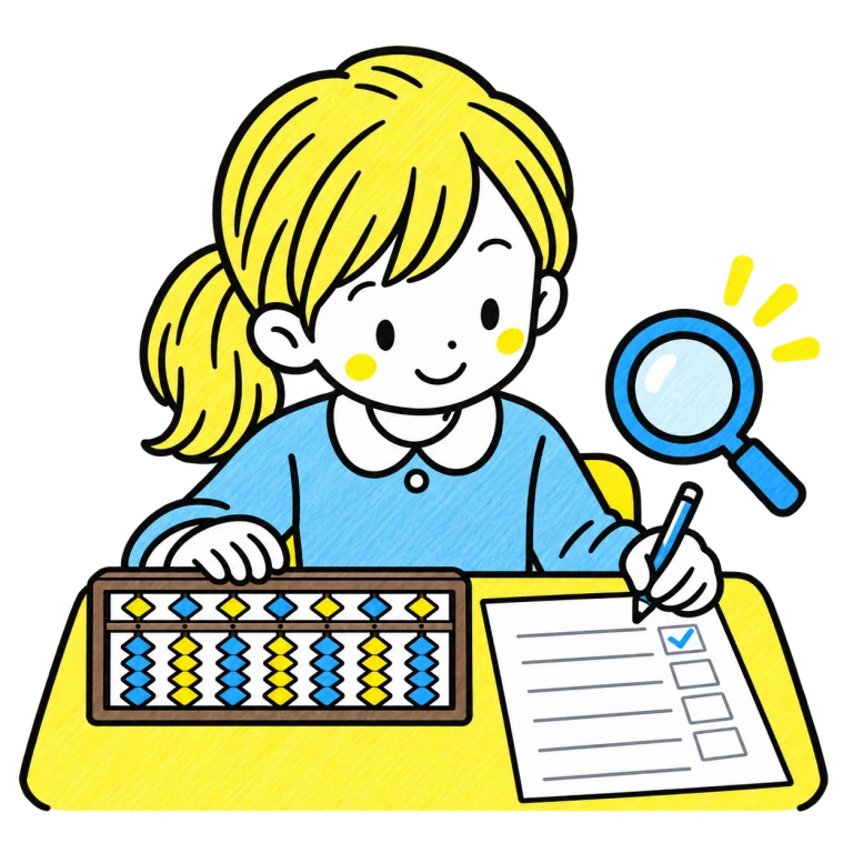 そろばんで計算した答えを用紙に書き、確かめる子ども