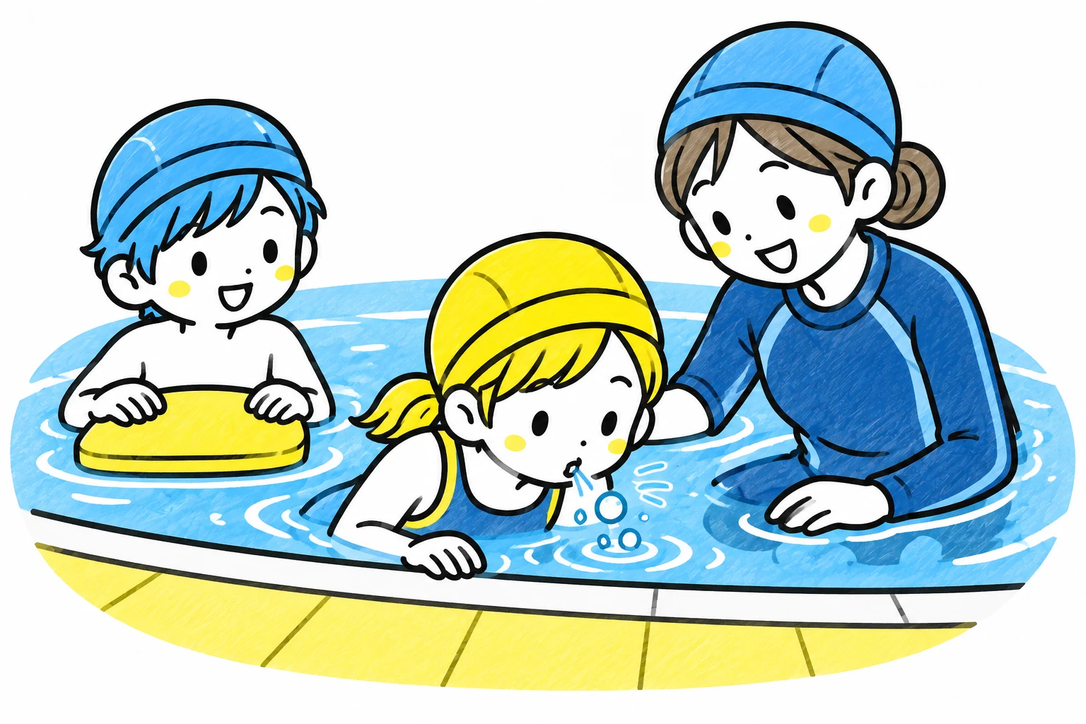 先生と一緒に水面で息を吐く練習に取り組む子ども