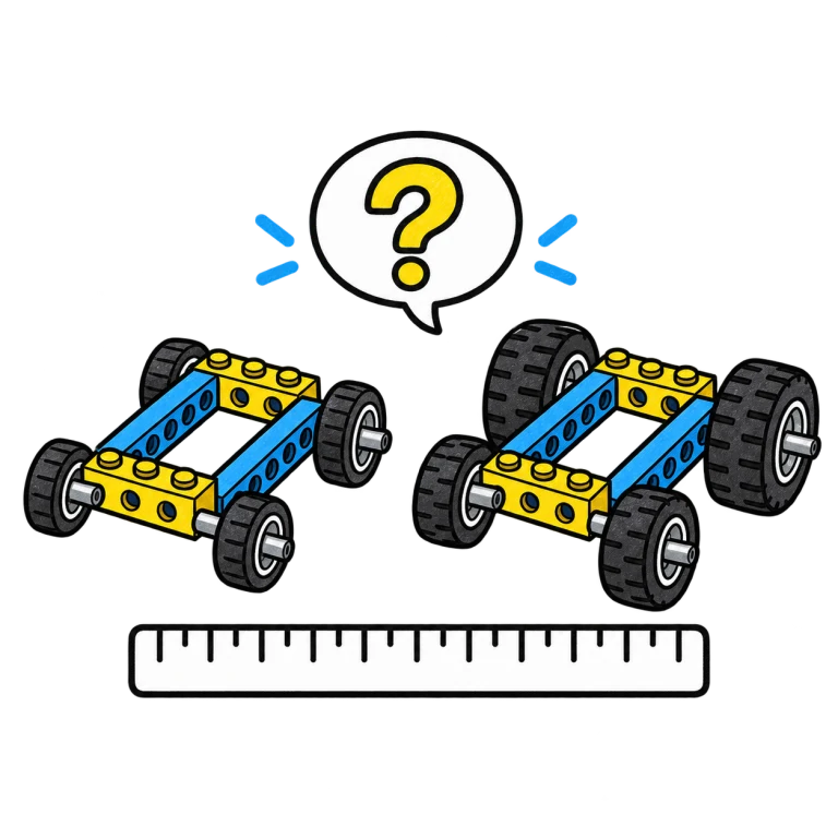 車輪の大きさが違うブロックの車を比べる活動のイメージ
