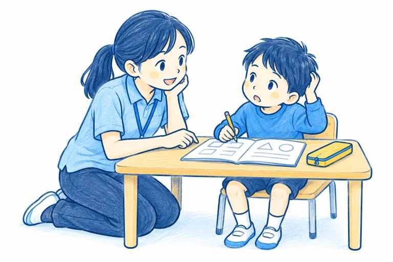 子どもの困りごとを目線を合わせて聴くスタッフ