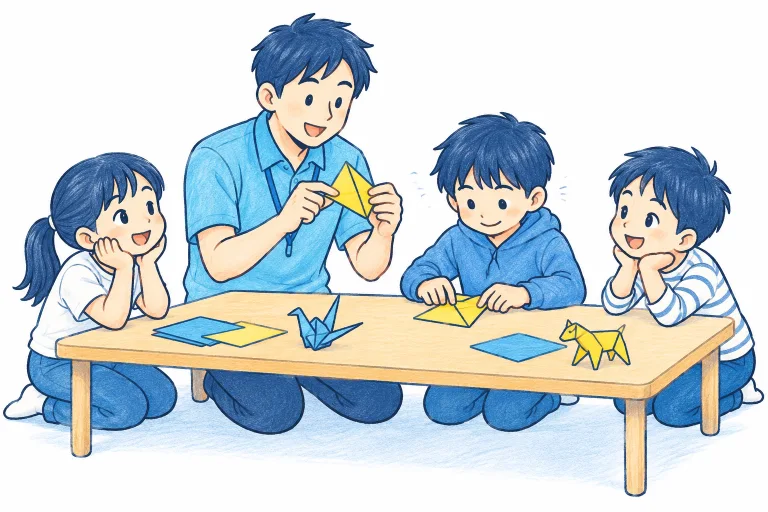 やり方を見せ、子どもの挑戦を支えるスタッフ