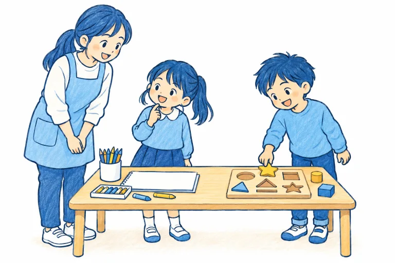 子どもが活動を選ぶ様子を見守るスタッフ