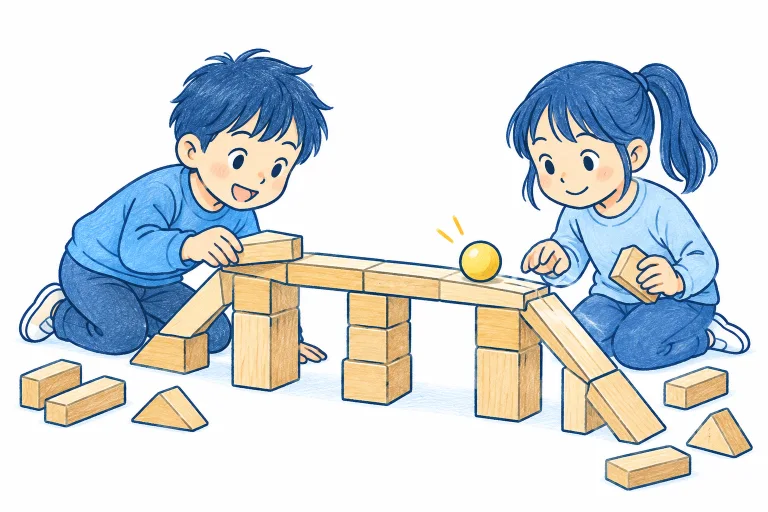 積み木の橋を試し、作り方を工夫する子どもたち