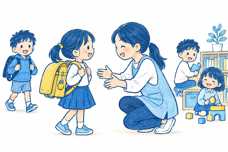 スタッフに迎えられ、放課後の生活を始める低学年の子ども