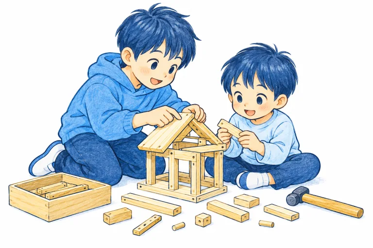 年下の子どもと協力して工作する高学年の子ども