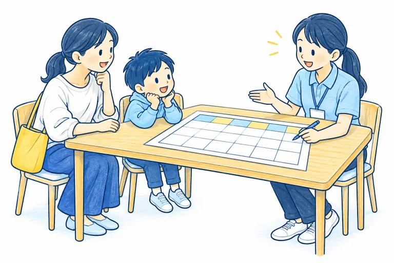 放課後の利用予定をスタッフと相談する親子
