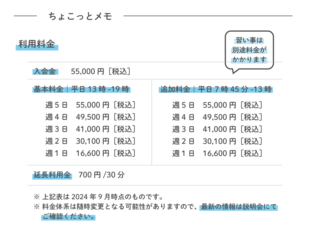 ちょこっとメモ 利用料金 入会金55,000円(税込)・基本料金 週1〜5日・追加料金・延長利用金700円/30分