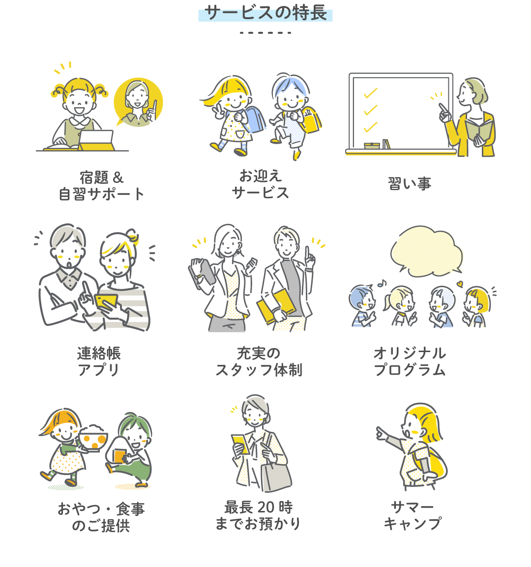 ガクモン南浦和校 サービスの特長(宿題&自習サポート・お迎えサービス・習い事など9項目)