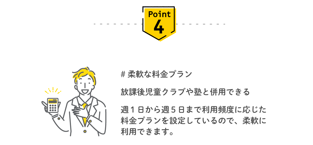 Point4 柔軟な料金プラン — 週1日から週5日まで利用頻度に応じた料金プラン